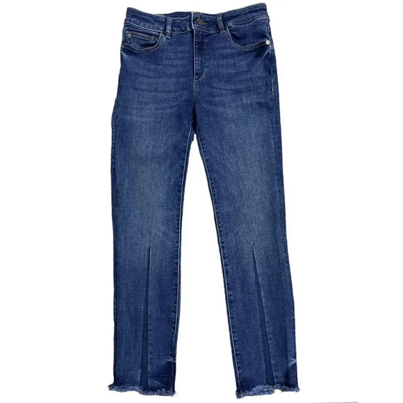 DL1961 Mara Straight Jeans 27 Ankle Mid Rise Blue Raw Hem Stretch Instasculpt - Picture 3 of 11